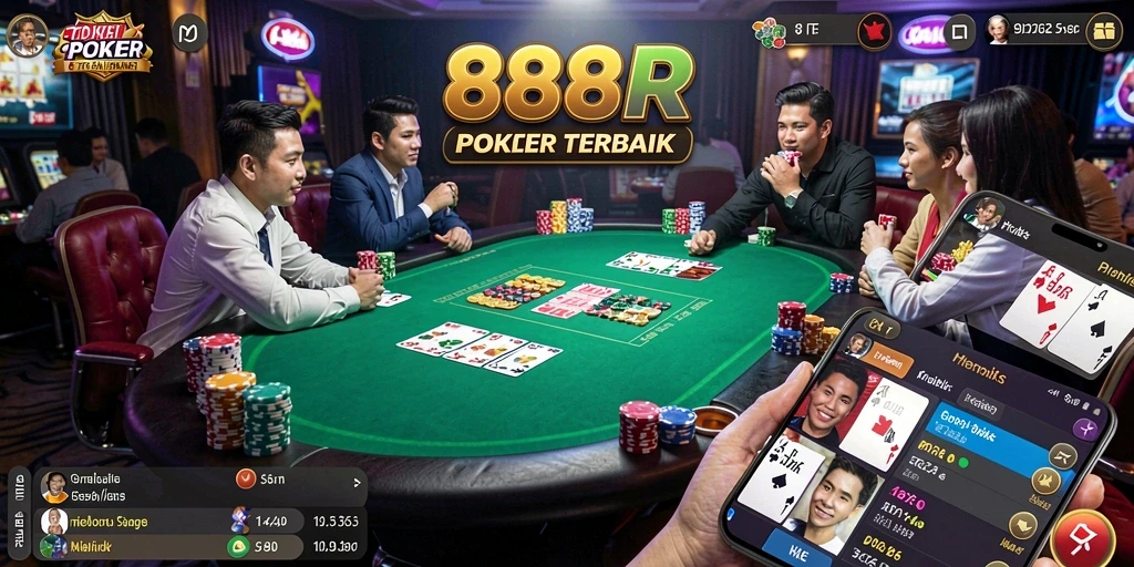 Tampilan seru gameplay Poker di 888R dengan pemain yang bersaing.