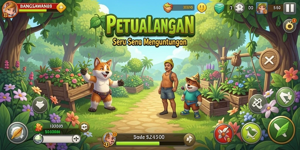 Screenshot dari gameplay BANGSAWAN88 menampilkan kebun yang subur dan aktif.