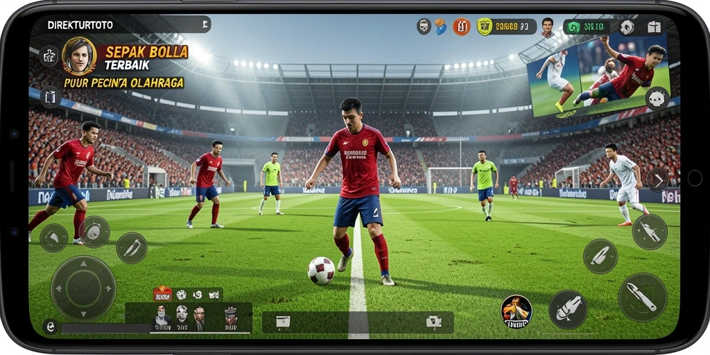 Screenshot gameplay DIREKTURTOTO menampilkan aksi seru sepak bola.