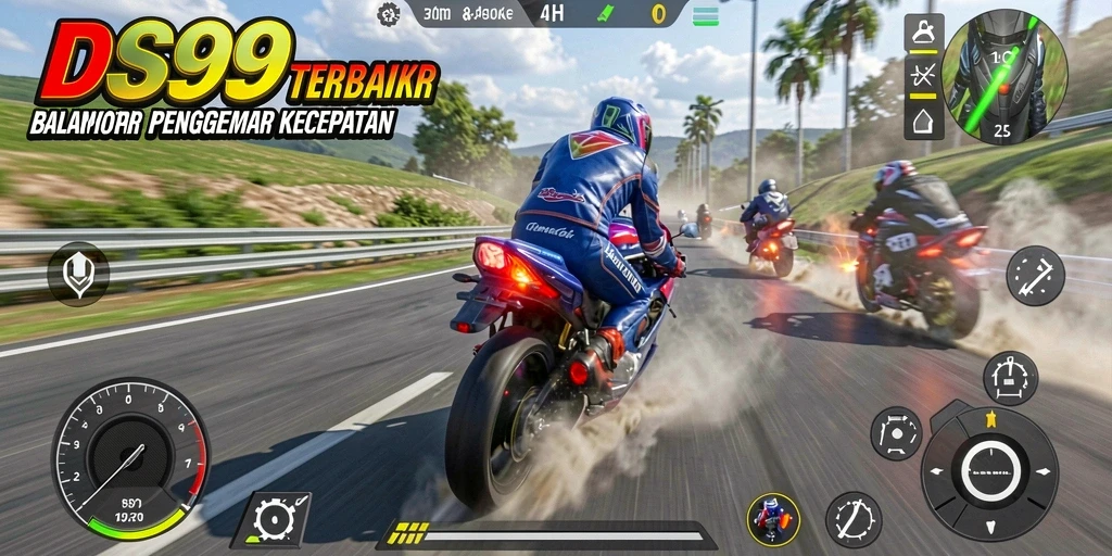 Screenshot gameplay DS99 menampilkan balapan motor yang mendebarkan.