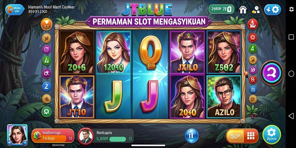 Tangkapan layar gameplay JTBLUE yang menampilkan mesin slot dengan efek visual menarik.