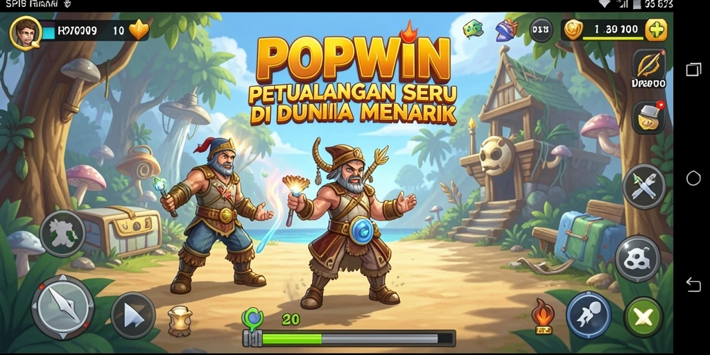 Screenshot utama POPWIN menampilkan aksi seru dalam petualangan penuh warna.