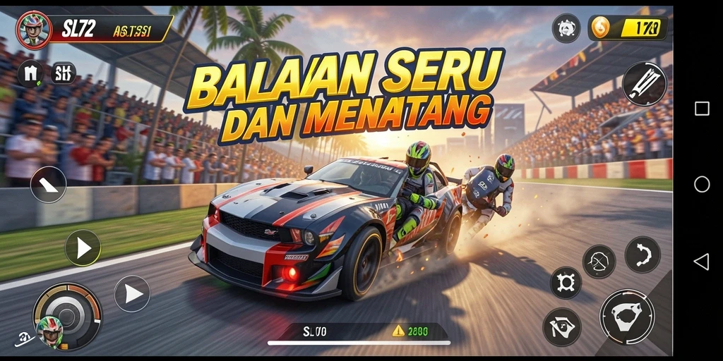 Screenshot SL72 menunjukkan balapan yang intens dan mobil yang cepat.