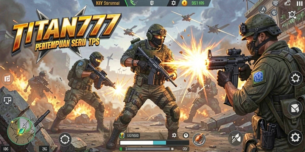 Screenshot gameplay utama TITAN777 memperlihatkan aksi pertempuran seru.