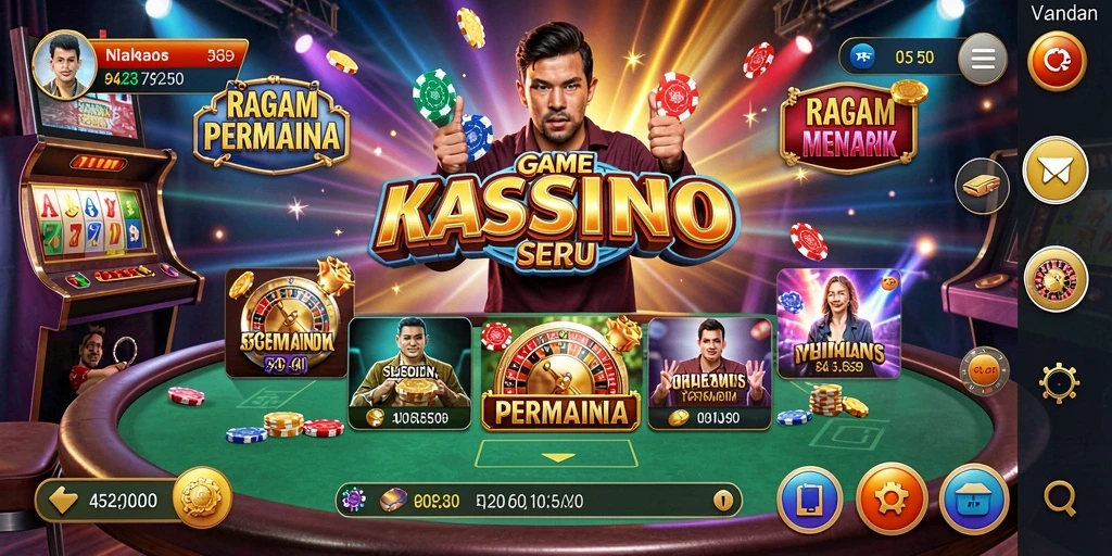 Screenshot gameplay V21 menunjukkan suasana kasino yang menarik.